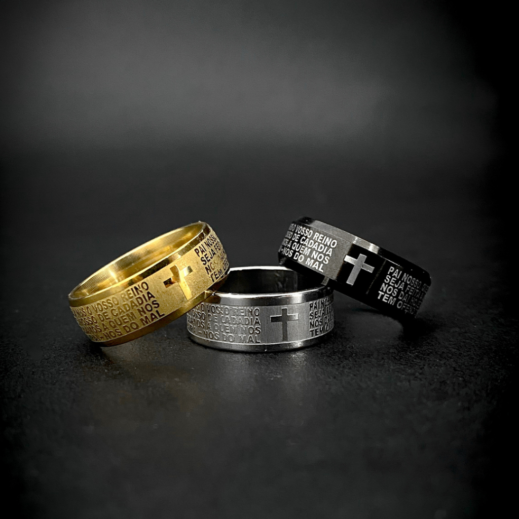 Anel Aço Inoxidável Masculino Feminino Oração Pai Nosso Preto Dourado Ouro Prata Cruz Crucifixo