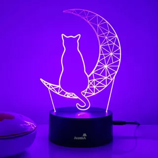 Abajur Luminária Decoração Led 3D Gato na Lua Para Presente