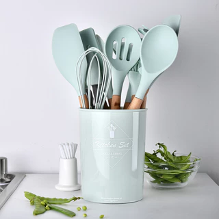 Jogo de Cozinha Kit C/12 Peças Material de Silicone Utensílios e Copo Suporte para Cozinha Com Cabo De Madeira