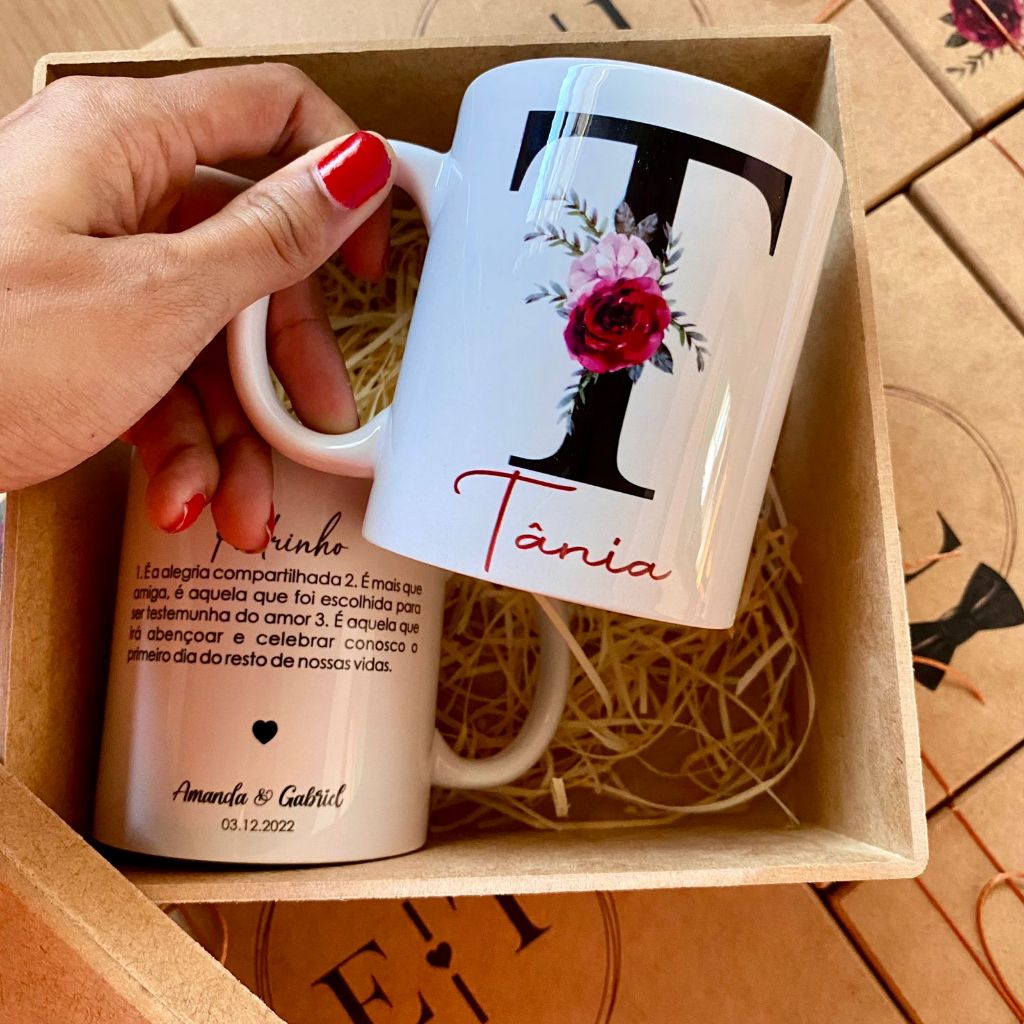 Kit Personalizado Caixa e Canecas Padrinhos de Casamento Floral Marsala
