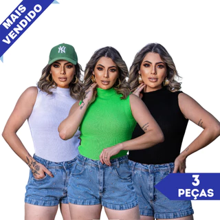 Kit C/ 3 Blusa Feminina Garrafinha Gola Alta Canelado