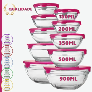Conjunto 10 Potes Em Vidro Com Tampa Jogo De Vasilhas Tigelas Bowls Marmita Para Armazenamento De Alimentos
