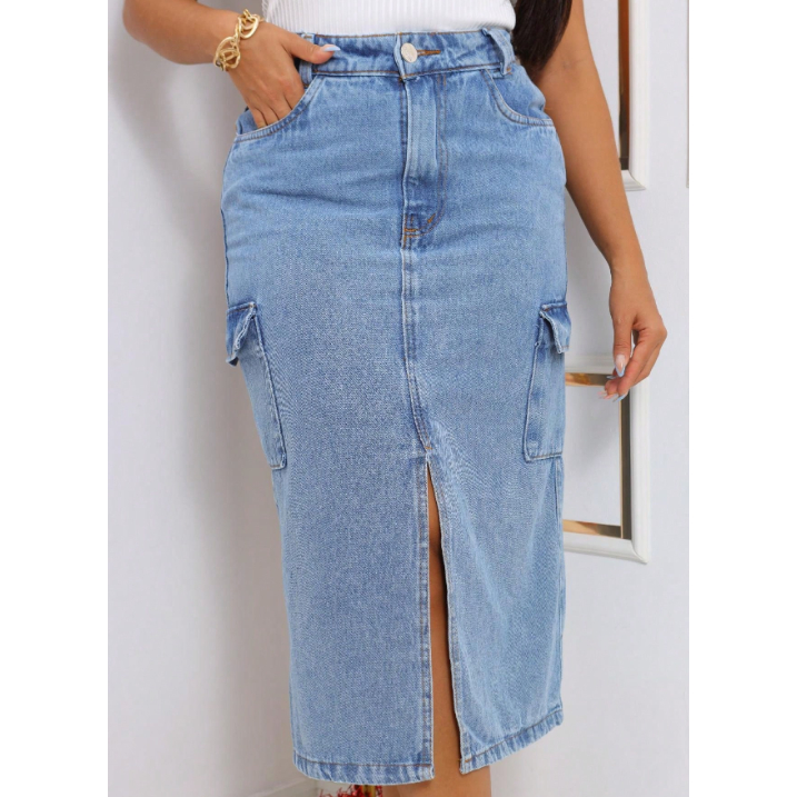 Jeans Longa Saia Jeans Lascada Na Frente Consciência Mini Saia