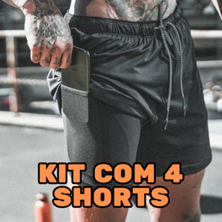 Kit com 4 Shorts 2 Em 1 Masculino Fitness Run Dry Fit Para Academia Com Bolso Interno E suporte Para Toalha