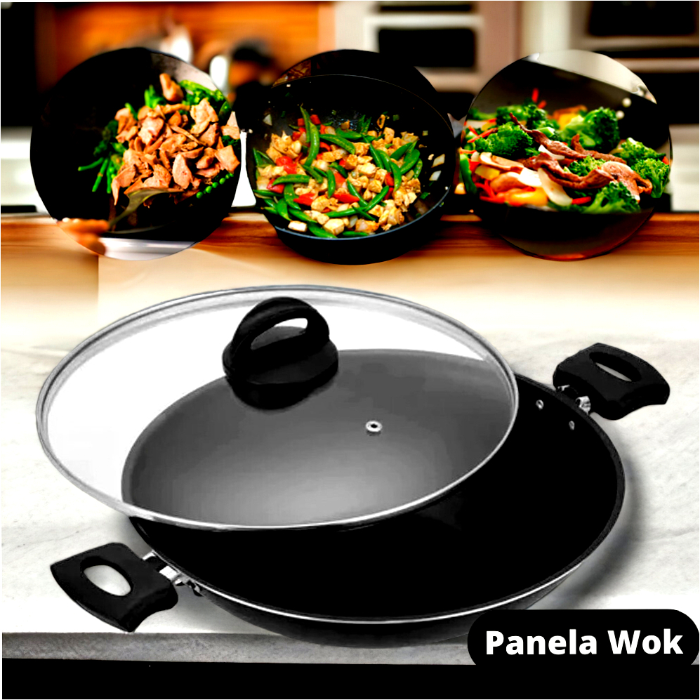 Panela Wok Antiaderente com Tampa Preta Cozinha Frigideira Wok Grande ...