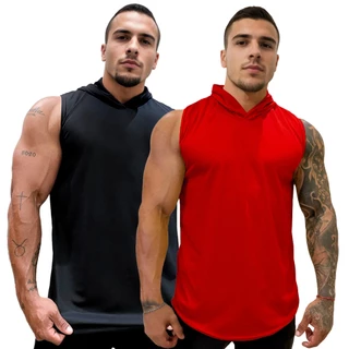 Kit com 2 Camisetas Regatas Masculina Longline em Dry com Capuz Lisa Sem Estampa Básica - Bombey