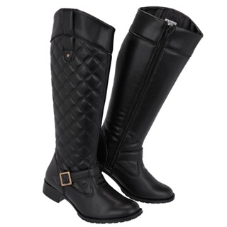 Bota Montaria Feminina Salto Baixo Ziper Lateral Cano Alto Matelasse