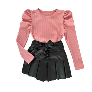 Conjunto Infantil Feminino Short Saia Couro E Blusa Manga Longa Inverno