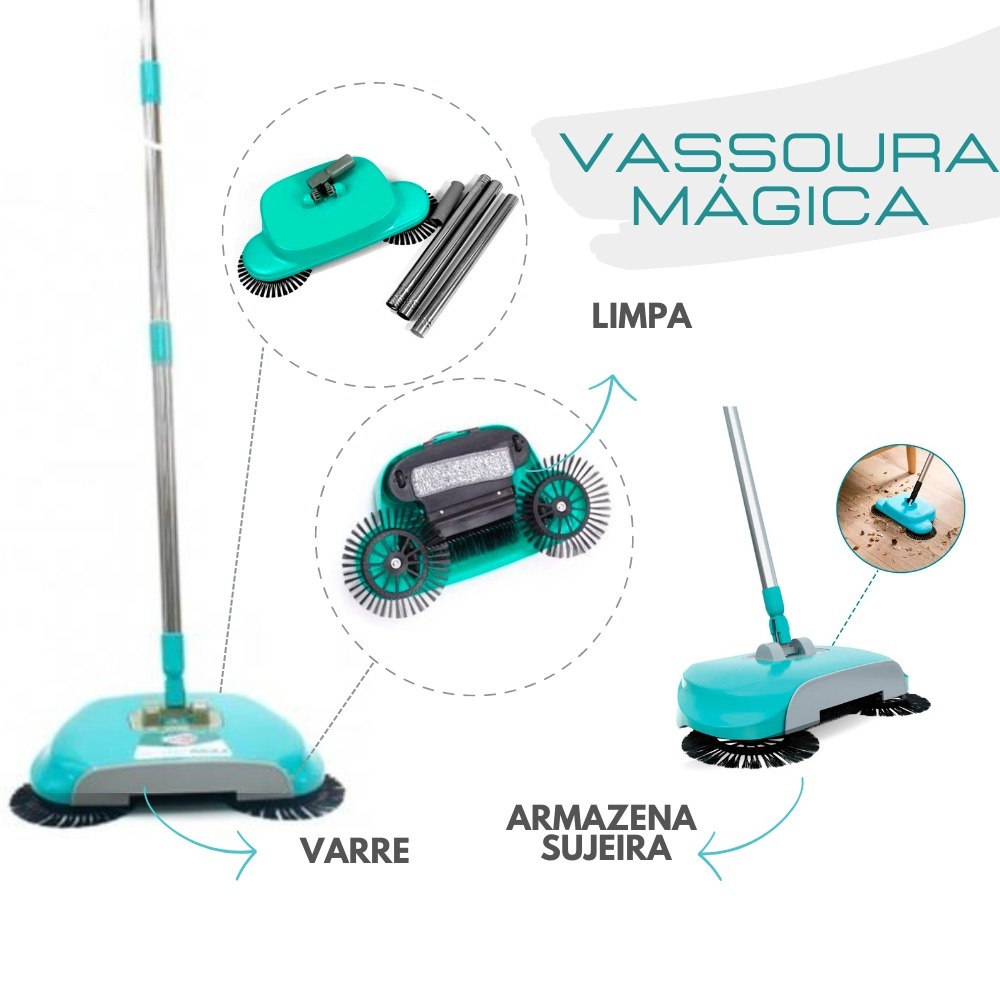 Vassoura Mágica 3 em 1 Rotacional - Varre, Coleta e Armazena - 360º de ...