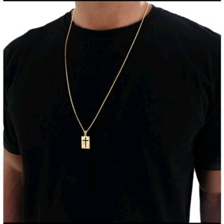 Corrente Cordão Masculino Banhado A Ouro Ping Plaquinha Cruz Cristo religioso