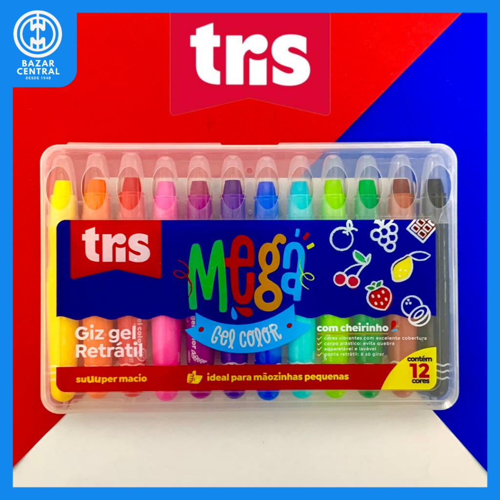 Giz Retrátil Gel com Cheirinho 12 Cores Vibrantes Tris Mega Color Super Macio Aquarelável
