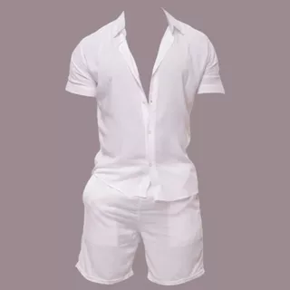 Camisa Conjuntos listrada e lisa masculina slim fite Manga curta férias na praia viscolinho