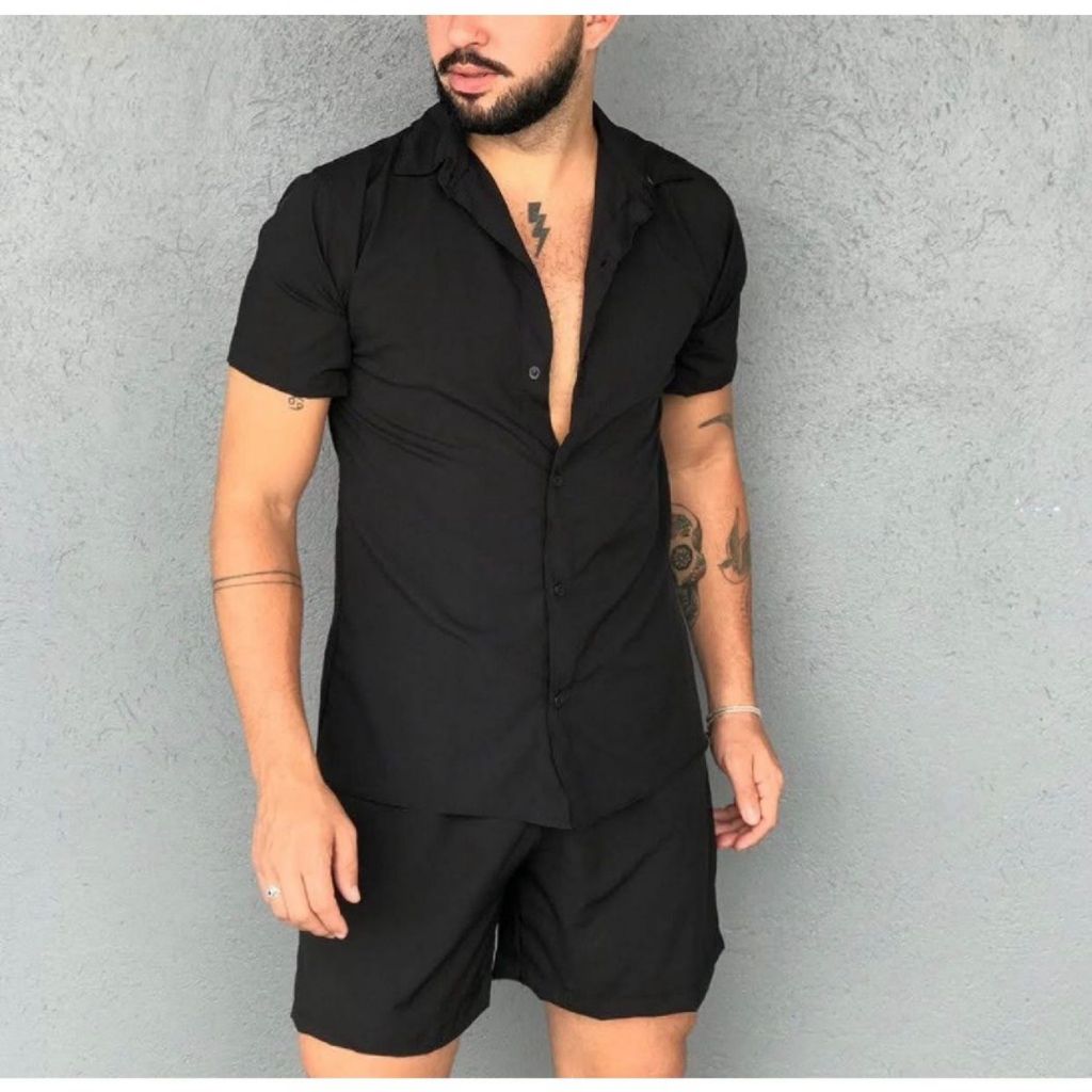 Camisa Conjuntos listrada e lisa masculina slim fite Manga curta férias na praia viscose