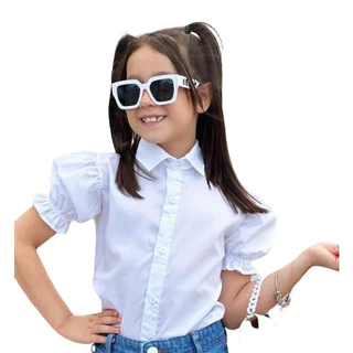 Blusa estilo Camisa Social Infantil Meninas Manga Princesa Branco Eventos Formatura, Uniforme 2-10 anos