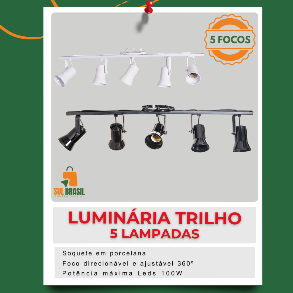 Luminária Spot Trilho Sino com 5 Focos Direcionáveis e ajustáveis 360° Para Lâmpadas Led Bulbo/Par20