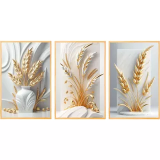 Quadro decorativo para salas e quartos modernos trigo dourado no vaso 3 peças n004