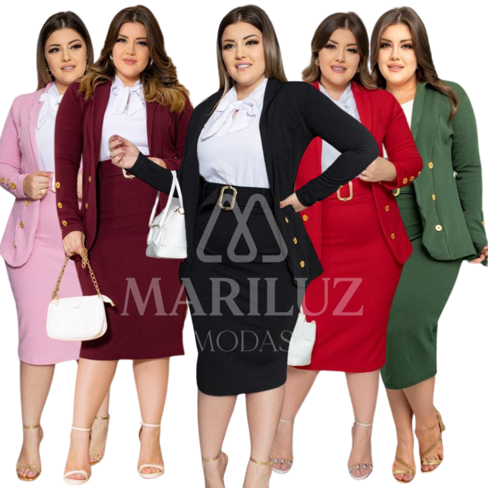 Conjunto Blazer Saia Lápis Midi Cinto 2 Peças (blazer + saia) Moda ...