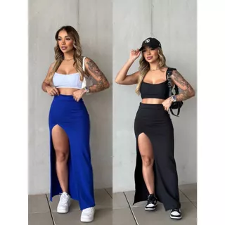 Kit 2 Saias Saia Feminina Longa Longuete Longão Pinterest Tendência Gringa com Fenda Grande Supex Tecido Gelado Praia Festa Viagem Ano Novo Natal Balada Confraternização