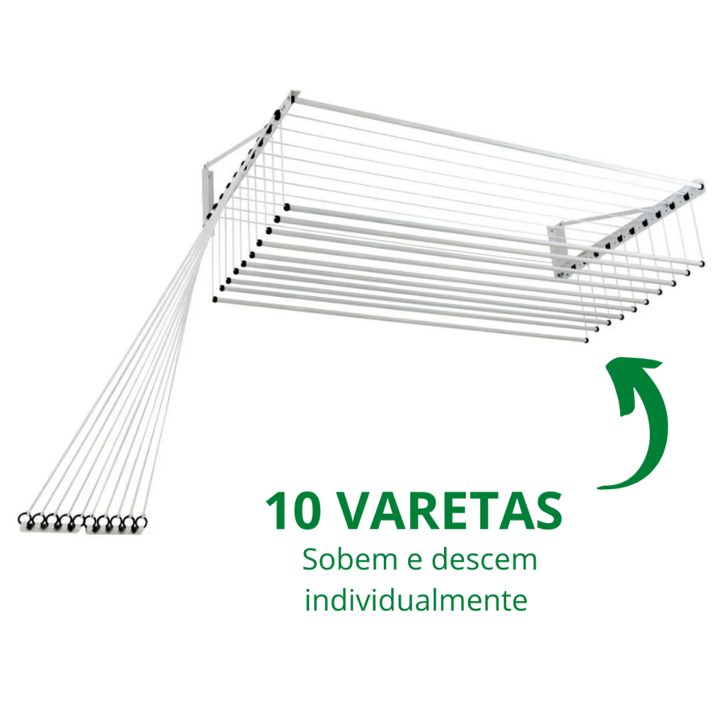 Varal Teto Ou Parede 10 Varetas Individuais 100% Aço Branco 1,20 Metro