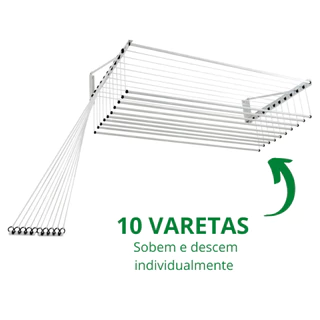 Varal Teto Ou Parede 10 Varetas Individuais 100% Aço Branco 1,20 Metro