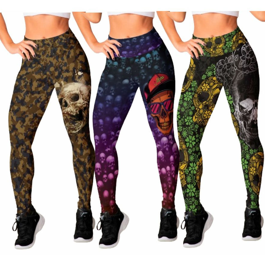 Kit com 3 Calçaa Legging Feminina Academia Suplex Estampada