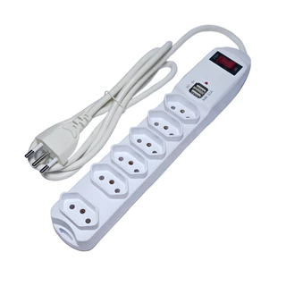 Filtro de linha Régua com botão desliga e liga, 2 USB carregador ultra rápido, 6 tomadas tripolar
