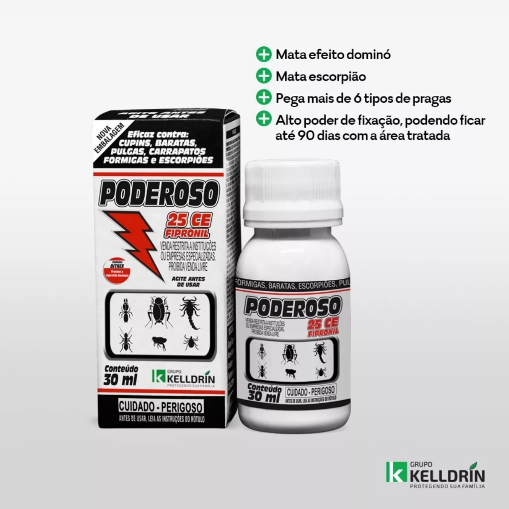 Poderoso 25 CE Contra Formigas, Escorpião, Baratas, Carrapatos, Pulgas e Cupim 30 ml Kelldrin