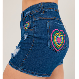 Short Jeans Feminino Meia Coxa Sem Lycra Bordado Hot Pant Luxo