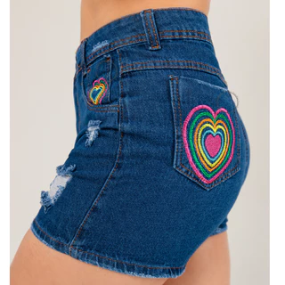 Short Jeans Feminino Meia Coxa Sem Lycra Bordado Hot Pant Luxo