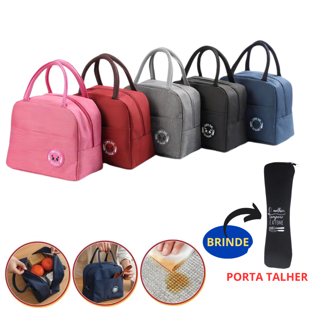 Bolsa Térmica Com Alça Para Marmita Lancheira Viagem + Porta Estojo Talher Feminina Masculina