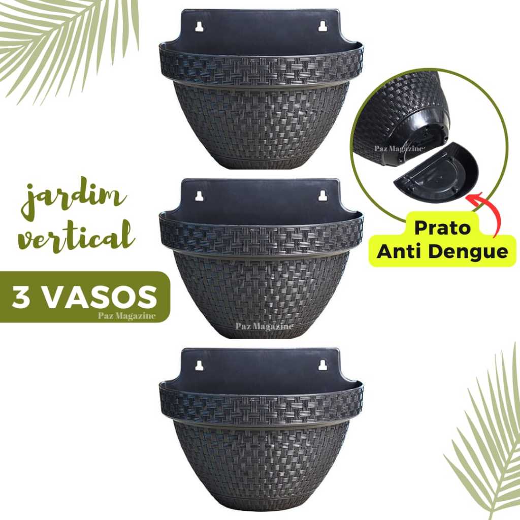 KIT 3 Vasos de Parede Meia Lua Anti Dengue - Rattan 3L Jardim Vertical