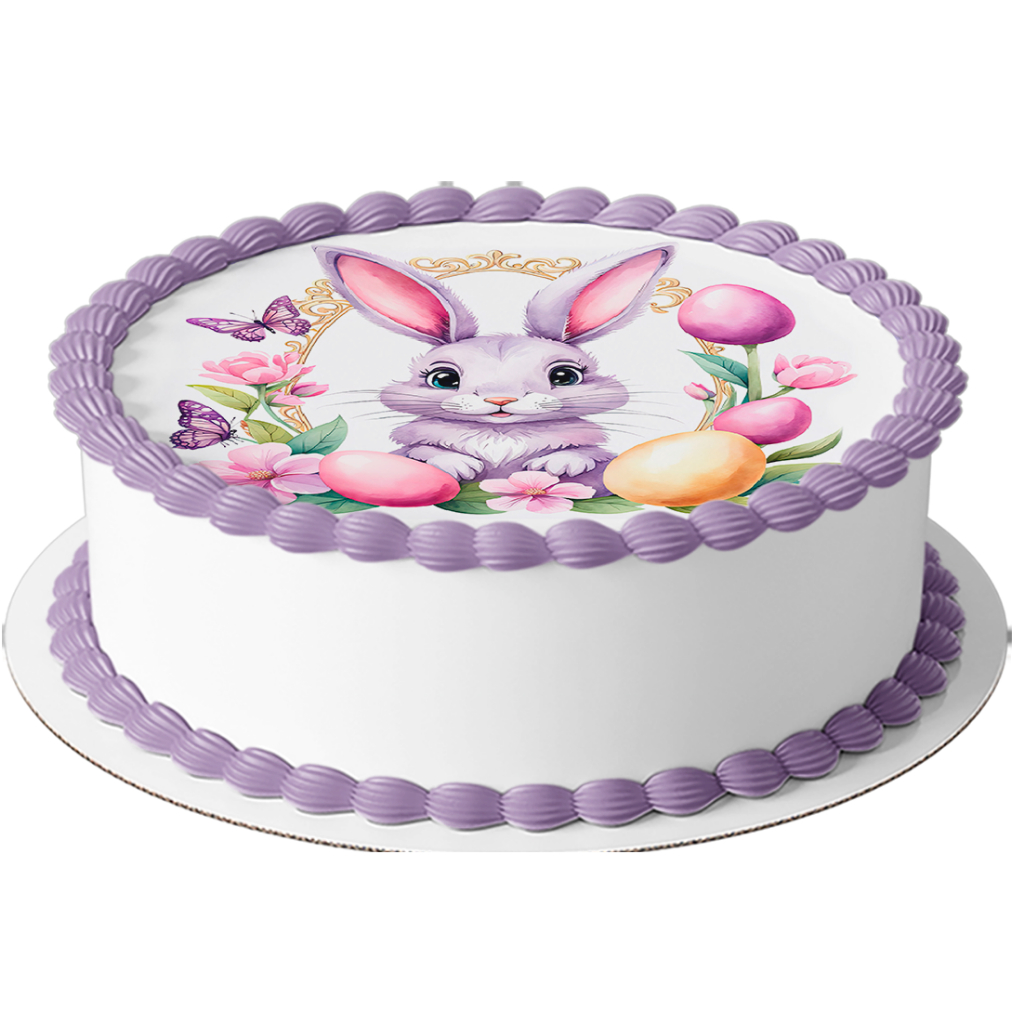 Papel arroz comestível coelho lilás Páscoa redondo 20 cm diâ