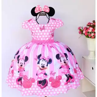 Vestido Minnie Rosa Poa Com Tiara