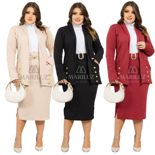 Conjunto Blazer Luxo Secretária Com Bolso Funcional Plus Size Feminino Moda Evangélica Congresso