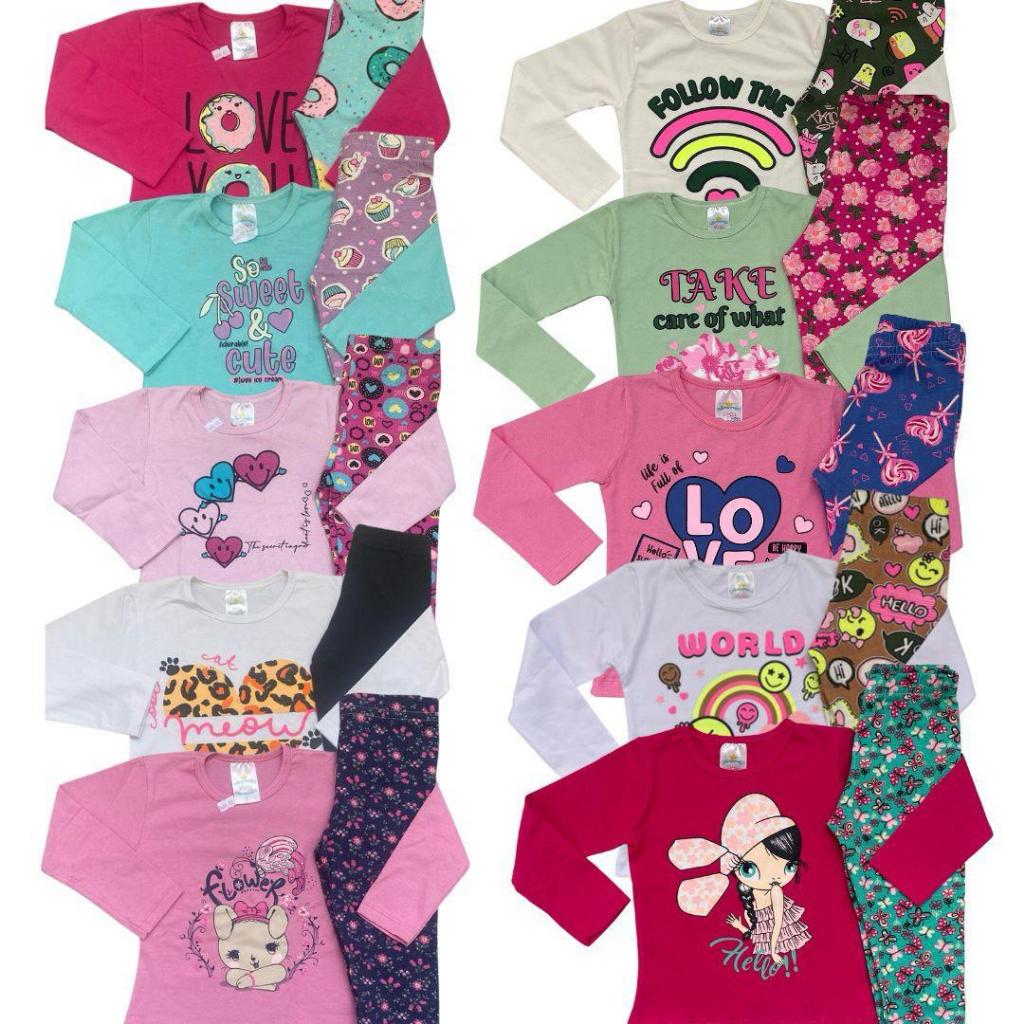 Kit 10 Peças Infantil Sortido 5 Calça Legging + 5 Blusinha Manga Longa de Algodão/ Cotton Roupa de Menina Meia Estação do Tamanho 1 ao 16