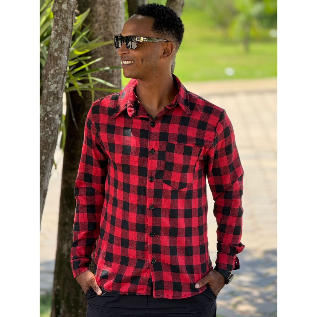 Moda Camisa Xadrez Masculina Camisa Social Masculina Vermelha