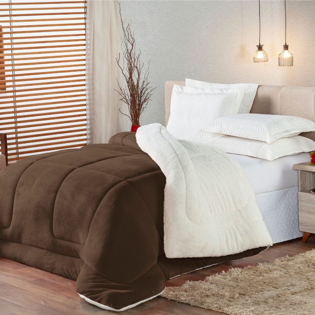 Coberdrom Edredom Casal Queen Dupla Face Sherpa Pele de Carneiro