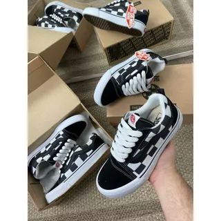 Vans Vault KNU Skool Quadriculado Bota LX Bordado Vintage Tênis Casual Skate Preto E Branco Xadrez