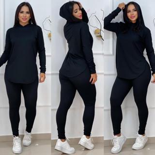 Conjunto Feminino Capuz e Calça Manga Longa Tecido Canelado