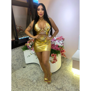 Vestido Feminino Curto Metalizado com Bojo e Strass Modelo Tomara que Caia Moda Balada