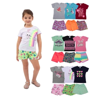 KIT 10 Peças Infantis de Roupa Menina Verão de malha 5 Blusa + 5 Short Tamanho 2 ao 12