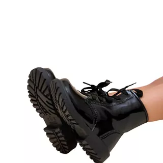 Coturno Bota Infantil Menina Tratorado Blogueira Cano Curto Preto Verniz Confort Feminino Rodeio
