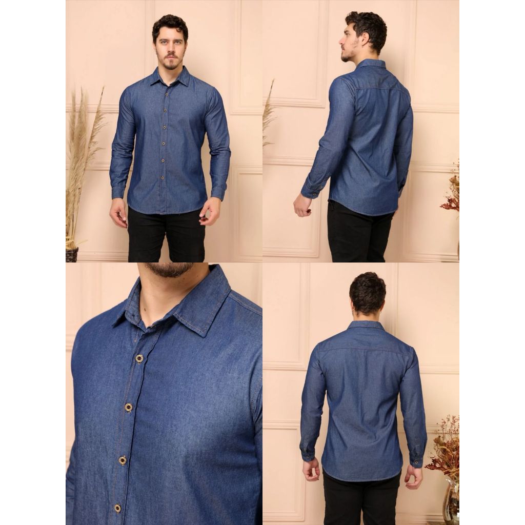 Camisa Jeans Manga Comprida Social Masculina Slim