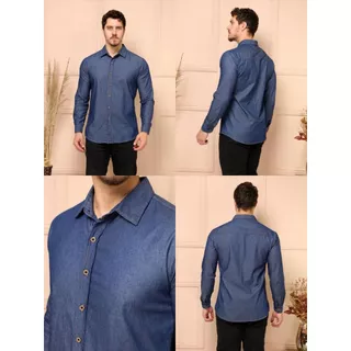 Camisa Jeans Manga Comprida Social Masculina Slim