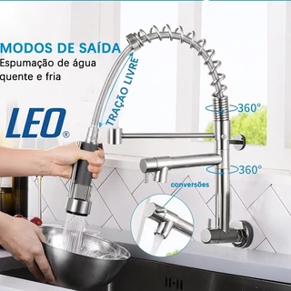 Torneira de cozinha giratória 2 em 1 360° de aço inoxidável 304 montada na parede