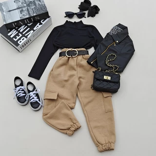 Calça Infantil Cargo Moletom Rosa, Bege e Preto Menina 04 ao 12 Inverno Frio