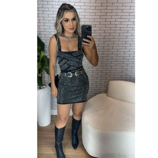 Moda balada - Conjunto Feminino Brilho Pedraria Strass Kiara com bojo