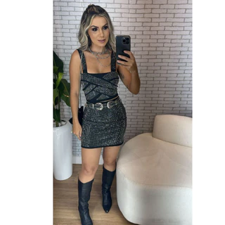 Moda balada - Conjunto Feminino Brilho Pedraria Strass Kiara com bojo