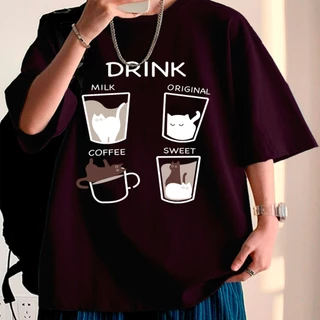 Camisa Moderna Oversized Cor Vinho Bordô Blusa Casual Estampa Frente Café Copo Gatos Amor Leite Cam
