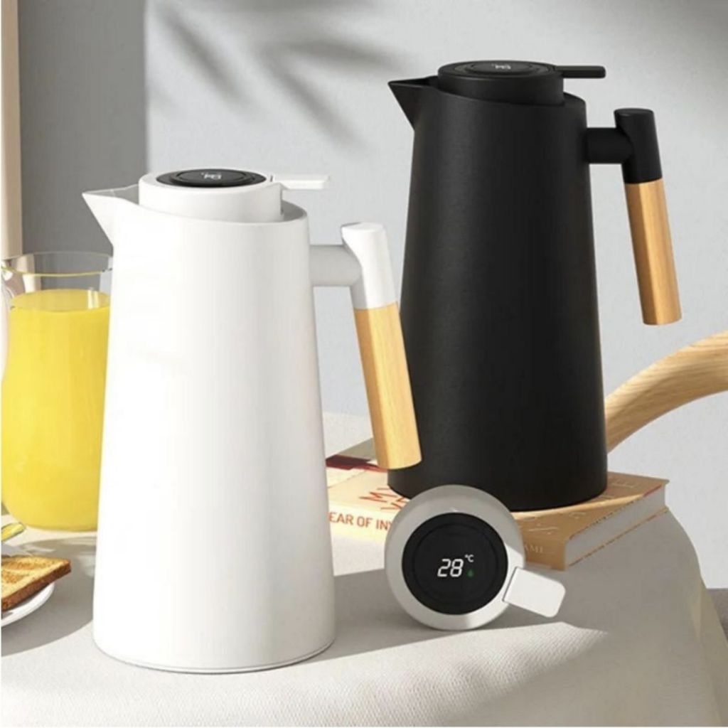 Garrafa Térmica Termometro Digital 1L Café Chá Nórdica Com Cabo Madeira